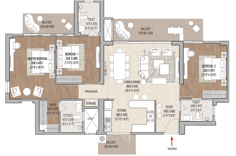 3 BHK floor plan at Aessen Phase-1 Thane
