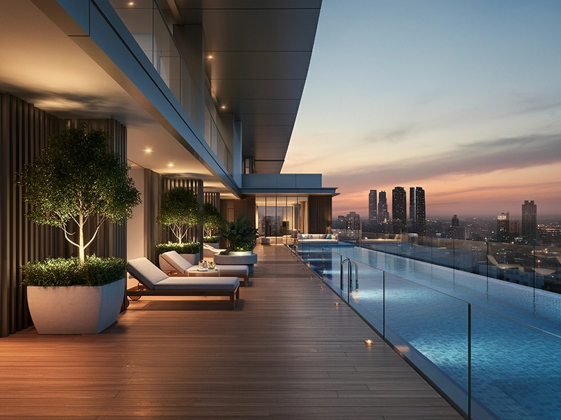 Sun deck and lounge zone at Aessen Phase-1 Thane